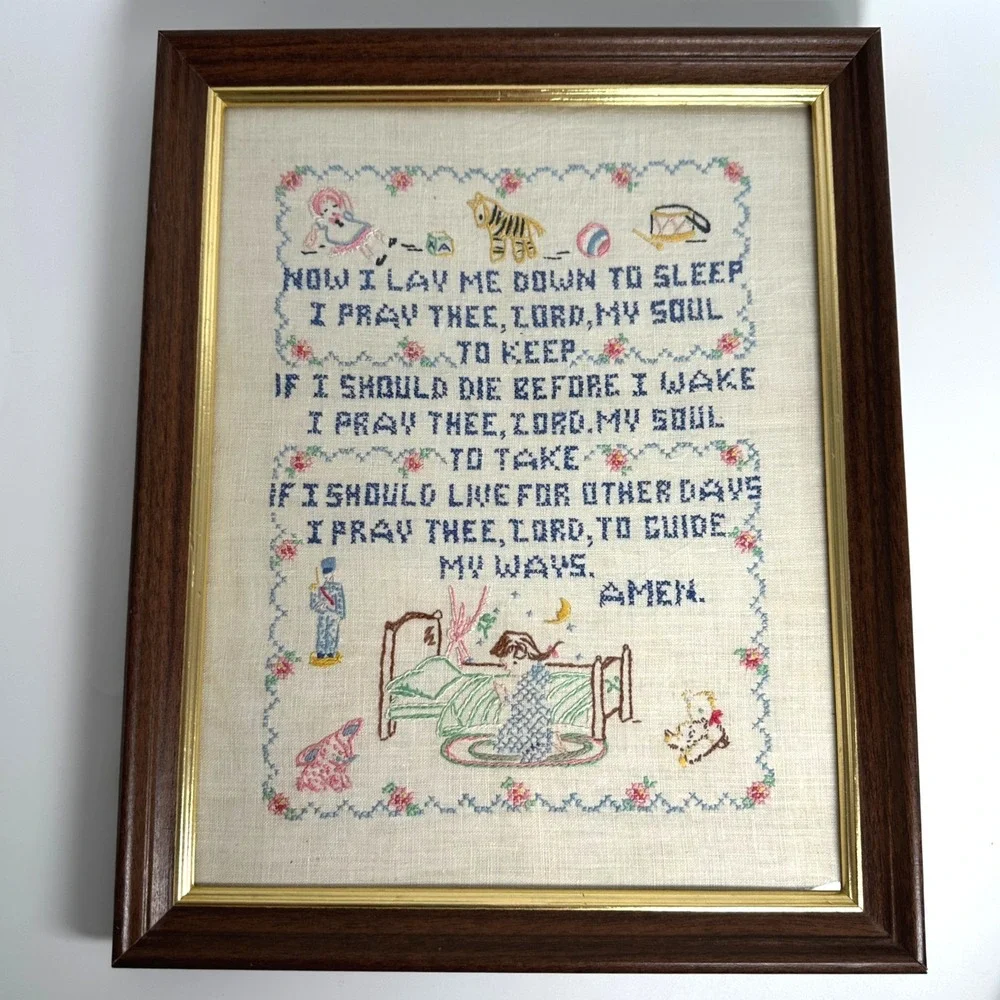 Vtg 1950s Now I Lay Me Down To Sleep Childs Prayer Nursery Cross Stitch Sampler